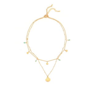 Double layer gold necklace featuring a fan-shaped shell pendant and turquoise blue beads