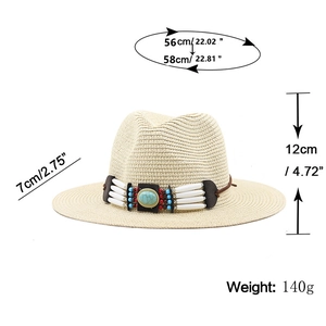 Straw Panama hat with bohemian turquoise band and beads for sun protection