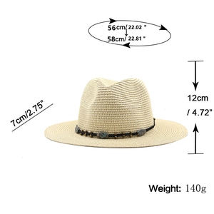 Classic straw fedora hat with black woven band and turquoise beads for sun protection