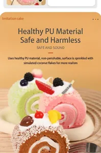 Detailed view of artificial PU swiss rolls with realistic fruit toppings and coconut flakes