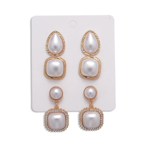 Three-pair vintage pearl earring set with rhinestone accents in gold finish