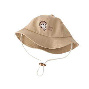Khaki cotton baby bucket hat with cute otter embroidery and adjustable chin strap