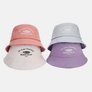 Unisex cotton bucket hats with letter embroidery in pink, grey, beige and purple