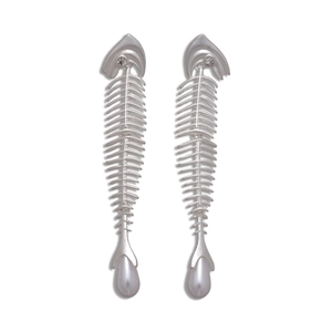 Exaggerated silver fish bone earrings with shimmering zircons and drop faux pearls