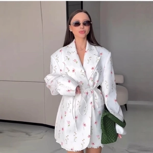 Blazer Imprimé Floral Pour Femmes Polyester Manches Longues Taille Nouée Revers Élégant Décontracté