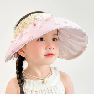 Pink floral sun hat for girls with lace hollow top and wide brim for UV protection