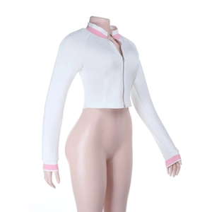Detail of white slim-fit zip-up jacket with pink striped collar and sleeve cuffs