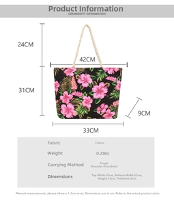Detailed size chart of tropical floral canvas tote bag with cotton rope handles