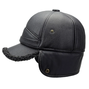 Men's winter black leather baseball cap with ear protection and warm faux fur lining