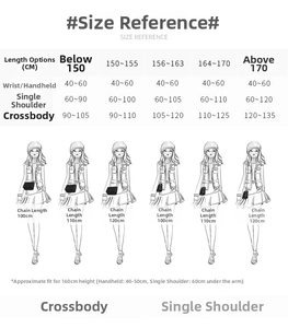 Detailed size chart for pearl chain lengths based on height and carrying style