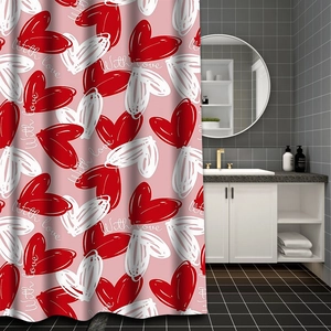 Detailed view of pink shower curtain with red heart patterns and With Love artistic text