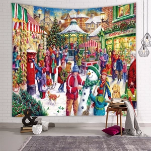 Detaillierter Weihnachtsdorf-Wandteppich mit Spielzeug-Illustration an weißer Wand