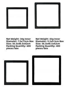 Detailed size chart for square PE film floating jewelry display boxes with dimensions