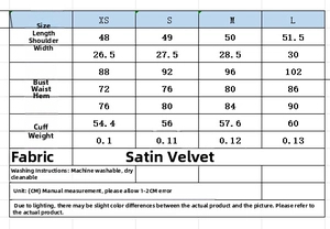 Tableau des tailles détaillé pour ensemble en satin avec mesures du XS au L en CM