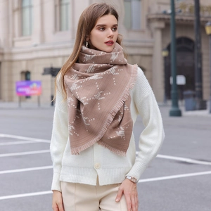 Stylish camel houndstooth scarf with tassels, soft winter pashmina shawl for women