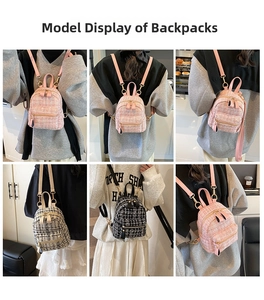 Detail shots of pink and black tweed backpacks with gold hardware in casual settings