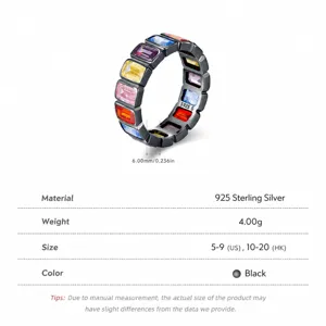 S925 sterling silver black ring with multi-color rainbow square cut cubic zirconia