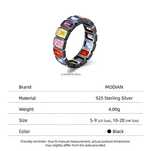 S925 sterling silver black ring with multi-color rainbow square cut cubic zirconia