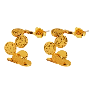 Vintage gold-plated C-shaped earrings with embossed coin charms on white background