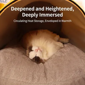 Warm yellow semi-enclosed cat bed with plush cushion for deep sleep and winter warmth