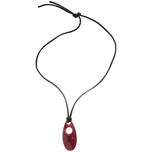Minimalist red teardrop geometric pendant necklace with adjustable black cord on white background