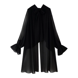 Elegant black chiffon dress with bow tie neck and ruffle sleeves for a summer look
