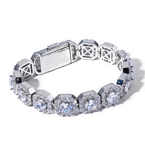 Close-up of 12mm silver hip hop bracelet with iced out square links and round zircons