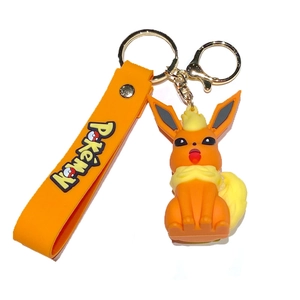 Flareon Pokemon cartoon figurine keychain with orange silicone wrist strap for bag charm