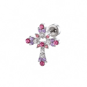 Cross-shaped ear stud with micro-set zircon and lace heart design in silver finish