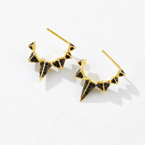 Modern 925 sterling silver geometric spike hoop earrings with pavé black zircons