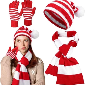 Three-piece knitted set with red and white striped hat, scarf, and matching gloves