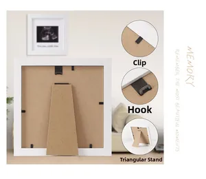 Detail of wooden picture frame back with flexipoints, hanging hook and easel stand