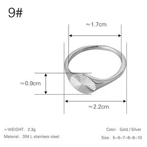 18K gold plated 304L stainless steel sunburst signet ring with size chart and measurements