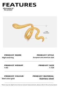 Macro detail of gold plated snake ring showing adjustable band and stainless steel texture