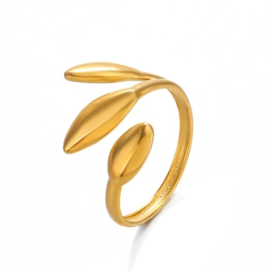 18K gold plated stainless steel open ring featuring a triple leaf design for women