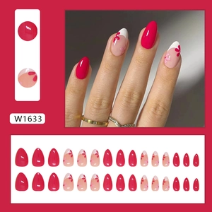 Rose red artificial nail set with floral patterns and polished finish, 24 pieces