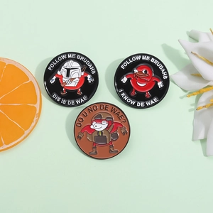 Three enamel pins featuring Ugandan Knuckles memes with Follow Me Brudahs text quotes