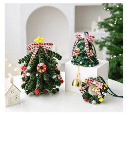 DIY Christmas tree and wreath set made of green plush stems with gold bells and ribbons