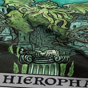 Macro detail of Cthulhu tarot tapestry fabric with Hierophant print and soft texture