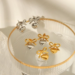 Stainless Steel Bow Knot Heart Drop Earrings 18K Gold Plated Vintage Elegant Fashion Jewelry For Women Anti Tarnish
