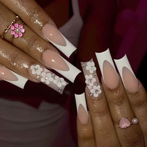 Long coffin press on nails with French white tips, 3D floral art and small rhinestones