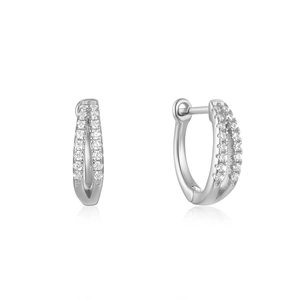 Detailed view of classic S925 sterling silver huggie earrings with double-row micro pavé stones