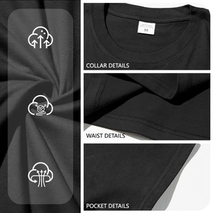 Men's minimalist black 100% cotton T-shirt showing collar, waist and pocket details