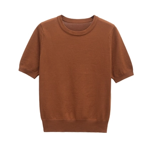 Minimalist caramel short sleeve knit top for women with round neck in flat lay view