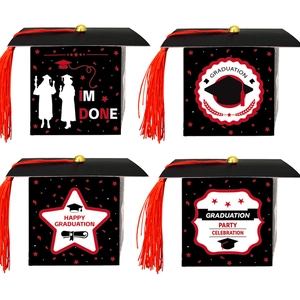 Miniature graduation cap gift boxes with red tassels in four creative festive patterns