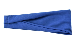 Detailed close-up of dark blue knit athletic headband texture on white background