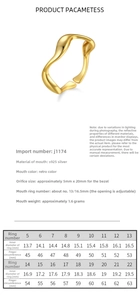 Size chart for wave design S925 sterling silver ring with diameter and circumference specs