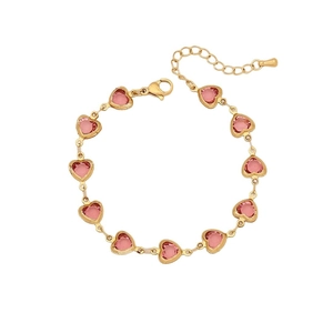 Golden stainless steel bracelet with faceted pink heart-shaped crystal links and lobster clasp