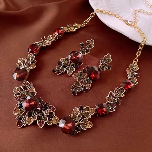 Baroque Red Gemstone Jewelry Necklace And Earrings Vintage Alloy Leaf Design With Silver Earring Post For Women