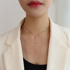 French Style Y Necklace 18K Gold Plated Titanium Steel Imitation Artificial Pearl Tassel Dainty Elegant Jewelry For Women